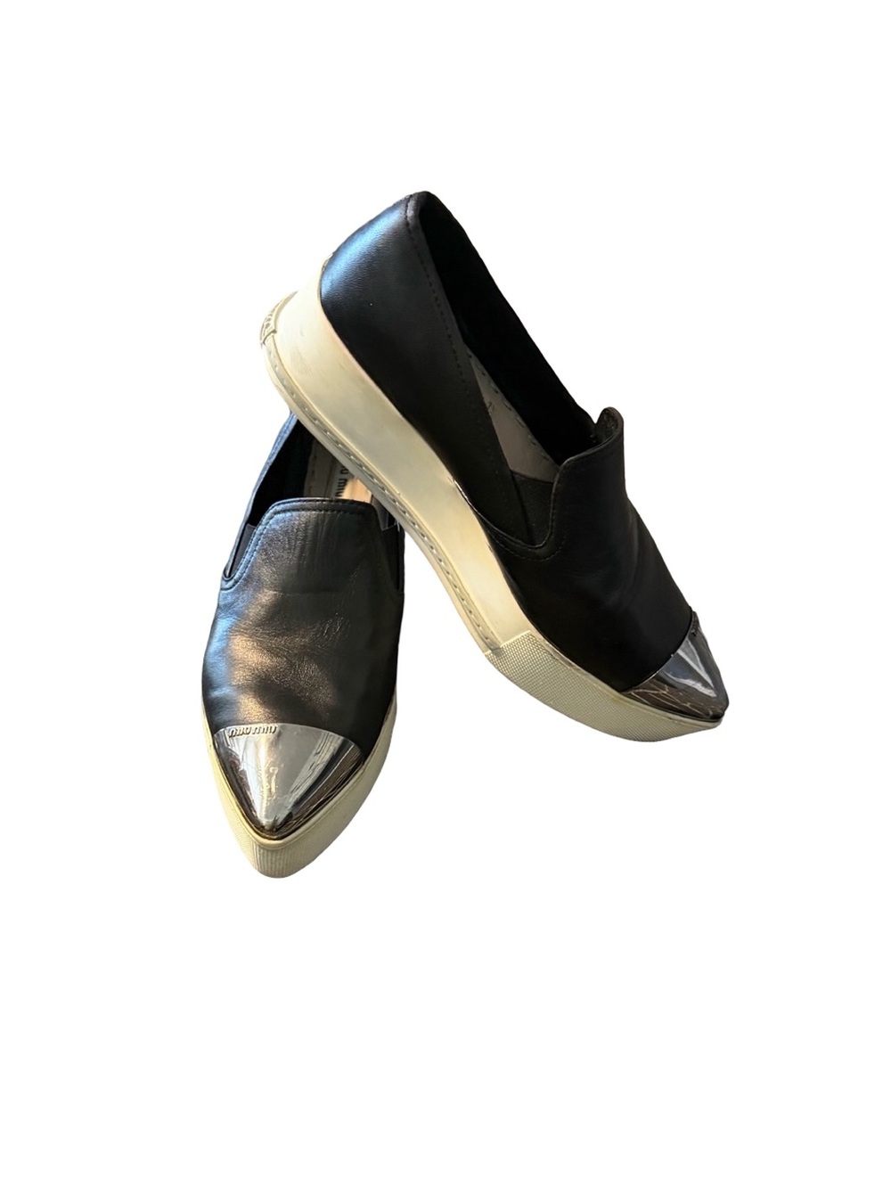 MIU MIU Black Pointed Metal Toe Snip Platform Slip On Leather Loafer Womens 37